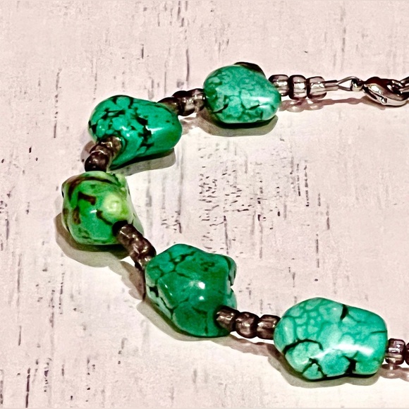 Turquoise Handmade Beaded Ankle Bracelet with Clear Seed Bead Accents - Picture 4 of 5